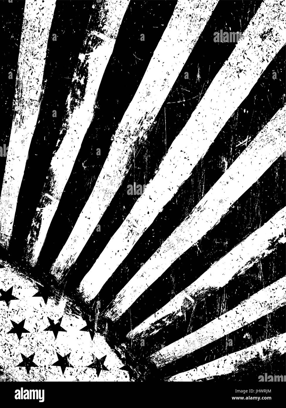 Stars and Rays. Monochrome Negative Photocopy American Flag Background. Grunge Aged VectorTemplate. Vertical orientation. Stock Vector