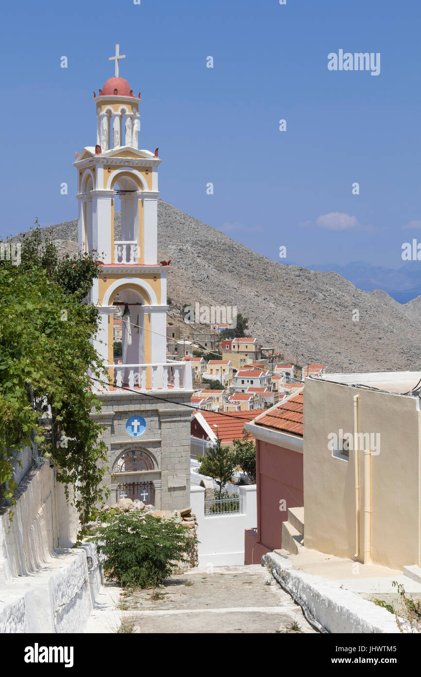 Symi Island, South Aegean, Greece - one of many beautiful churches in Horio, Symi's upper town Stock Photo