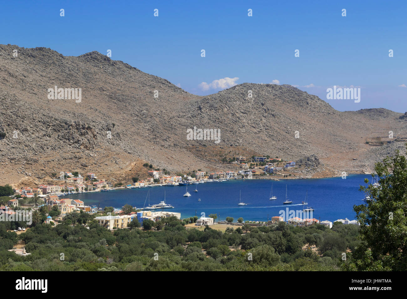 Symi Island, South Aegean, Greece - the view to Pedi Bay from Drakos, the remains of an ancient fortification in the hills Stock Photo