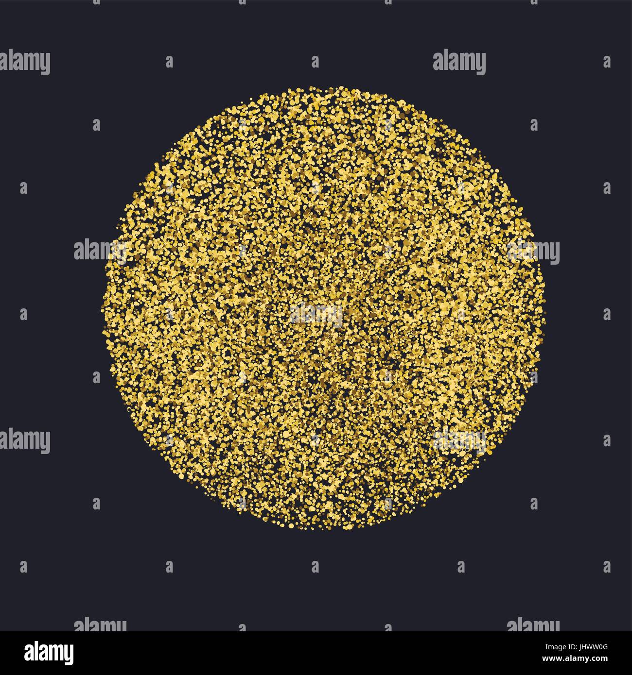 Circle with gold glitter particles on black background. Golden foil