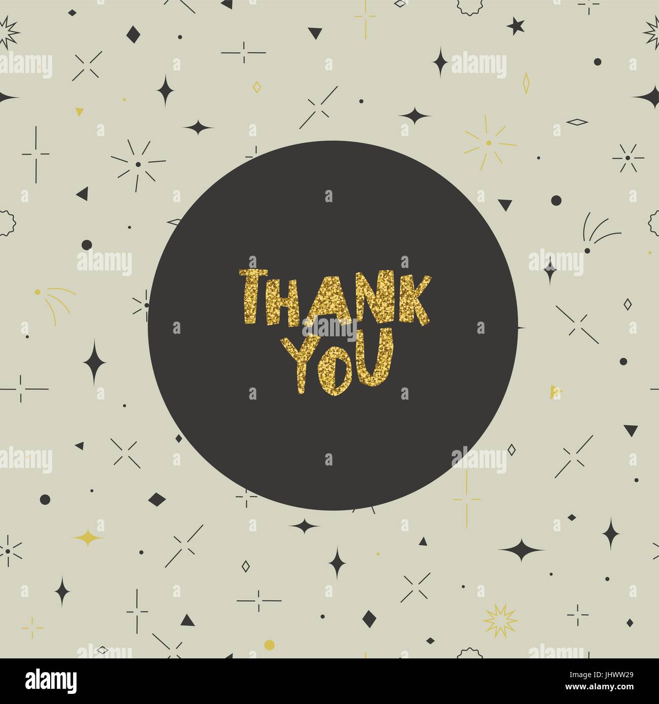 Thank you card. Geometric seamless pattern. Gold, gray and beige colors. Stars, squares, circles, triangles, rhombus and lines. Stock Vector