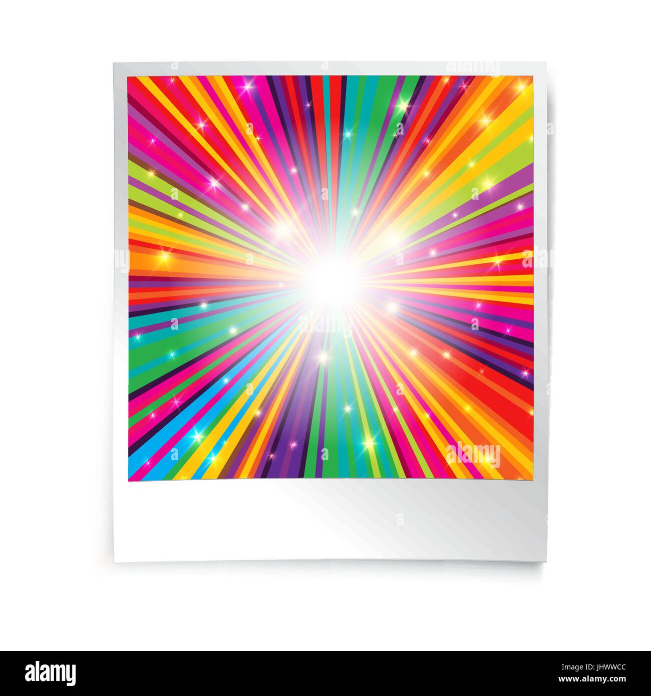 Instant blank photo template with rainbow psychedelic rays. Retro vintage photo frame background