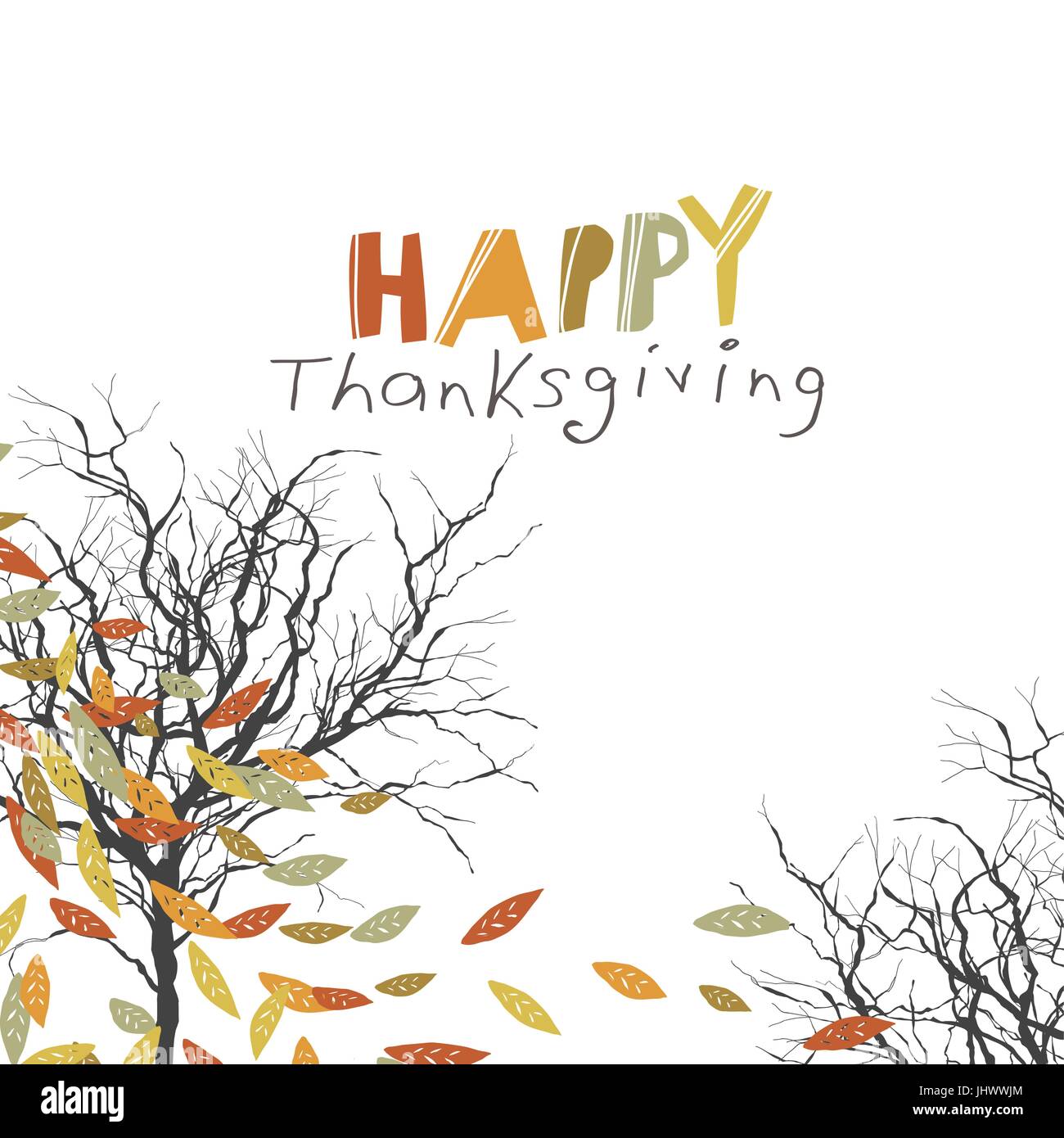 Happy Thanksgiving greeting card design. Logo and fallen trees. Autumn