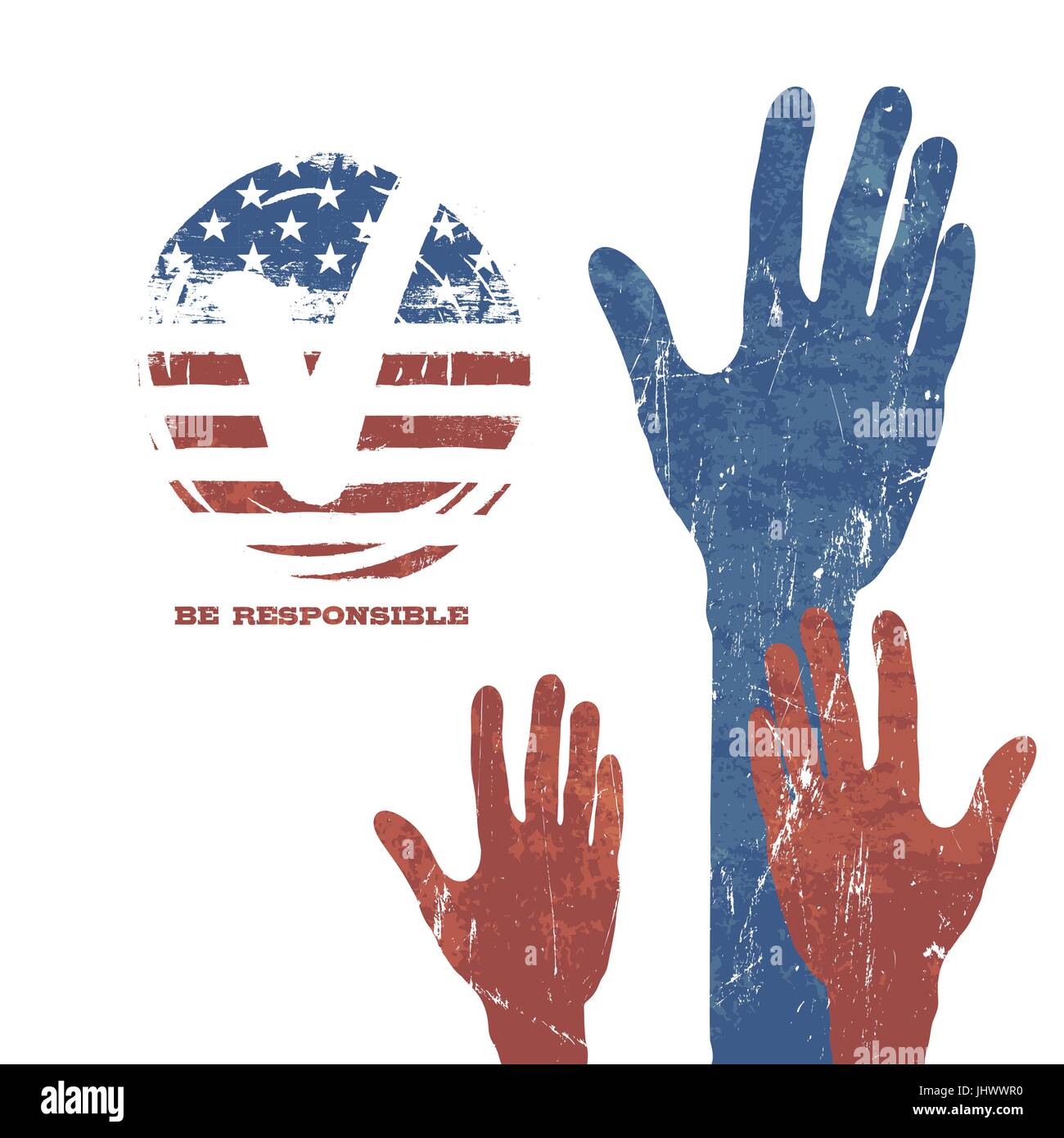 Voting Hands. Vote sign. Flag background. Patriotic grunge vector design presidential election. Be responsible and vote. Stock Vector