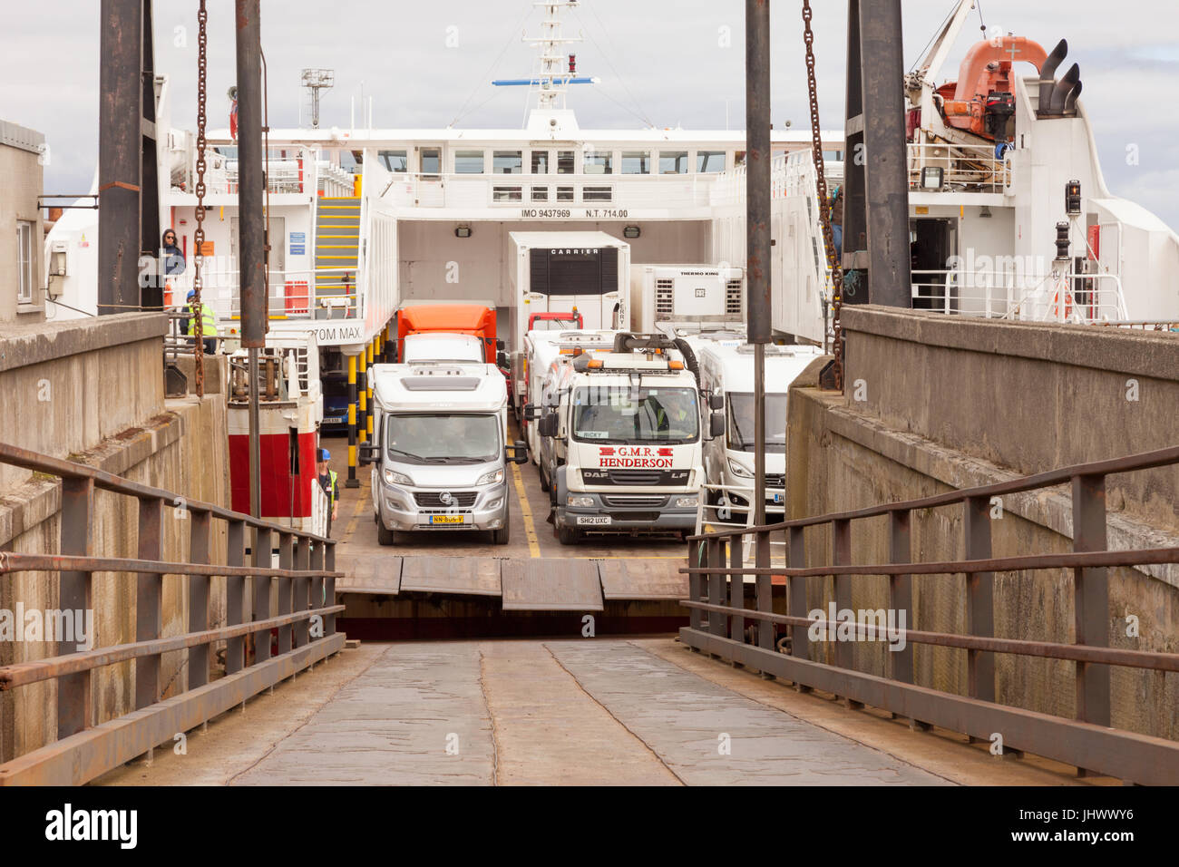 Pentland Ferries vessel in Gills Bay port Caithness, Scotland carrying