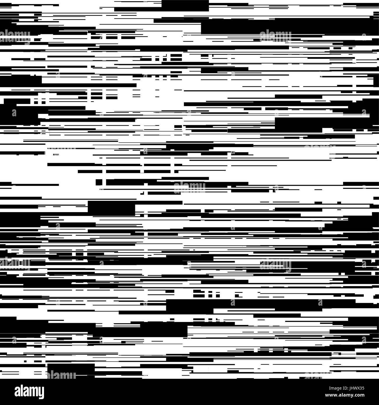 Abstract black and white background with glitch effect, distortion, seamless texture, random horizontal lines. Vector illustration. Stock Vector