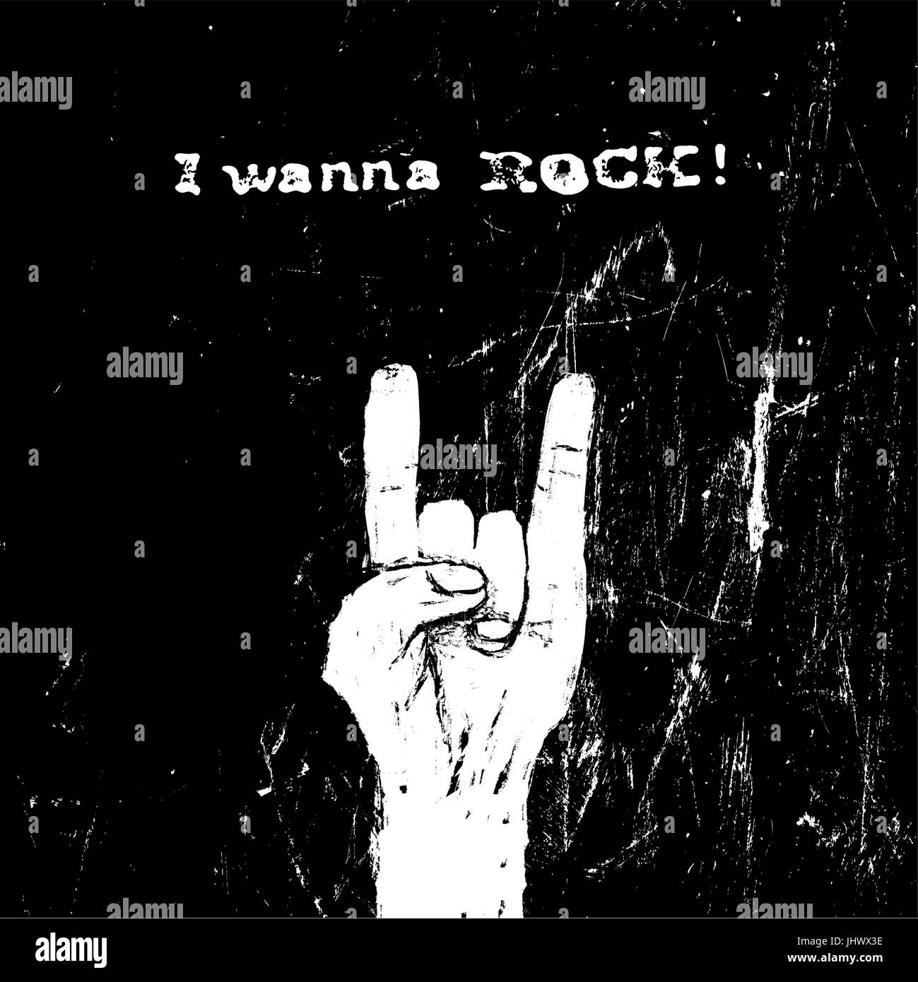 Horn gesture and 'I wanna ROCK!' text. Rockstar concept. VEctor illustration. Horns gesture grunge composition on black Stock Vector