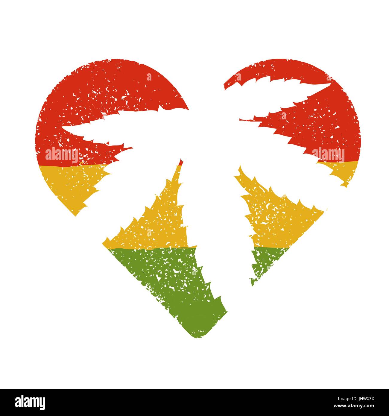 Marijuana silhouette in heart shape. Vector marijuana leaf and rastafarian flag grunge background Stock Vector