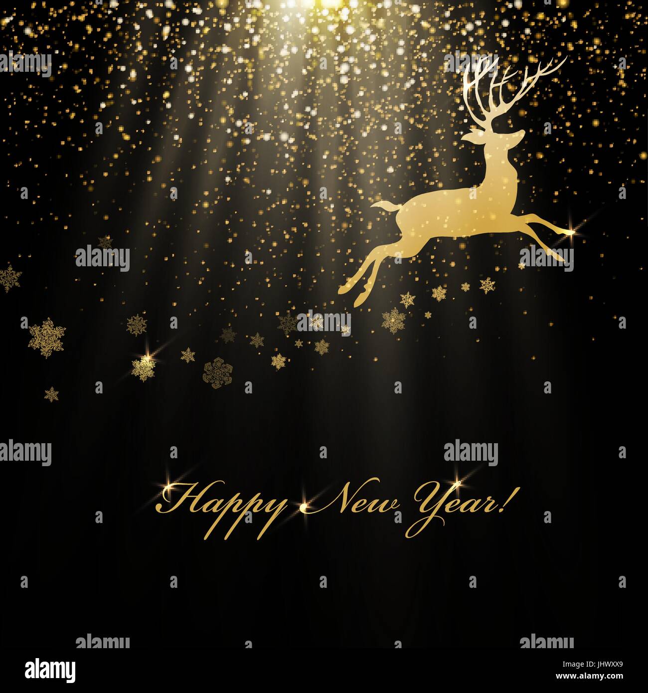 Christmas deer and golden lights. Abstract holiday background with ...