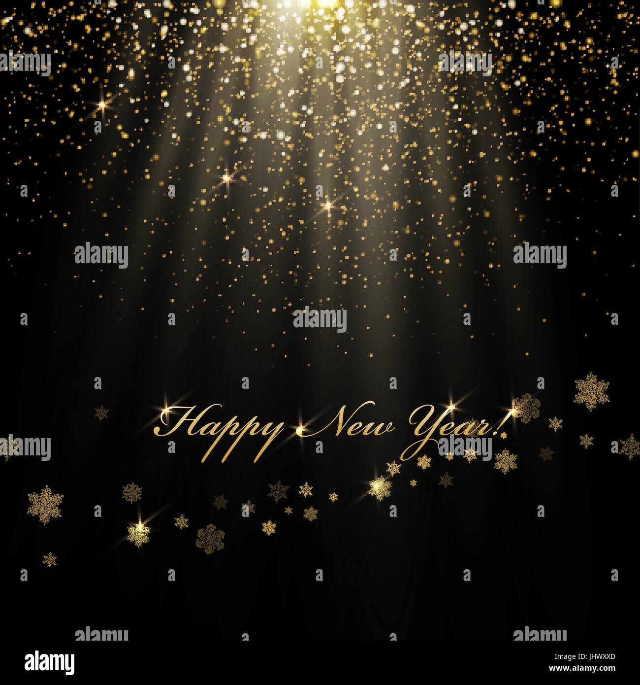 Happy New Year greetings and golden lights. Abstract holiday background ...