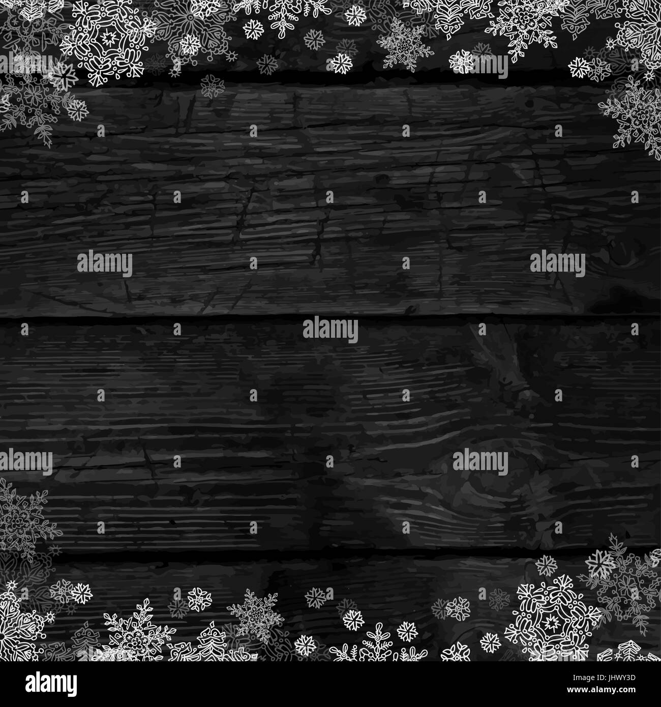 Wooden black christmas background with snowflakes. Frozen ornament on ...