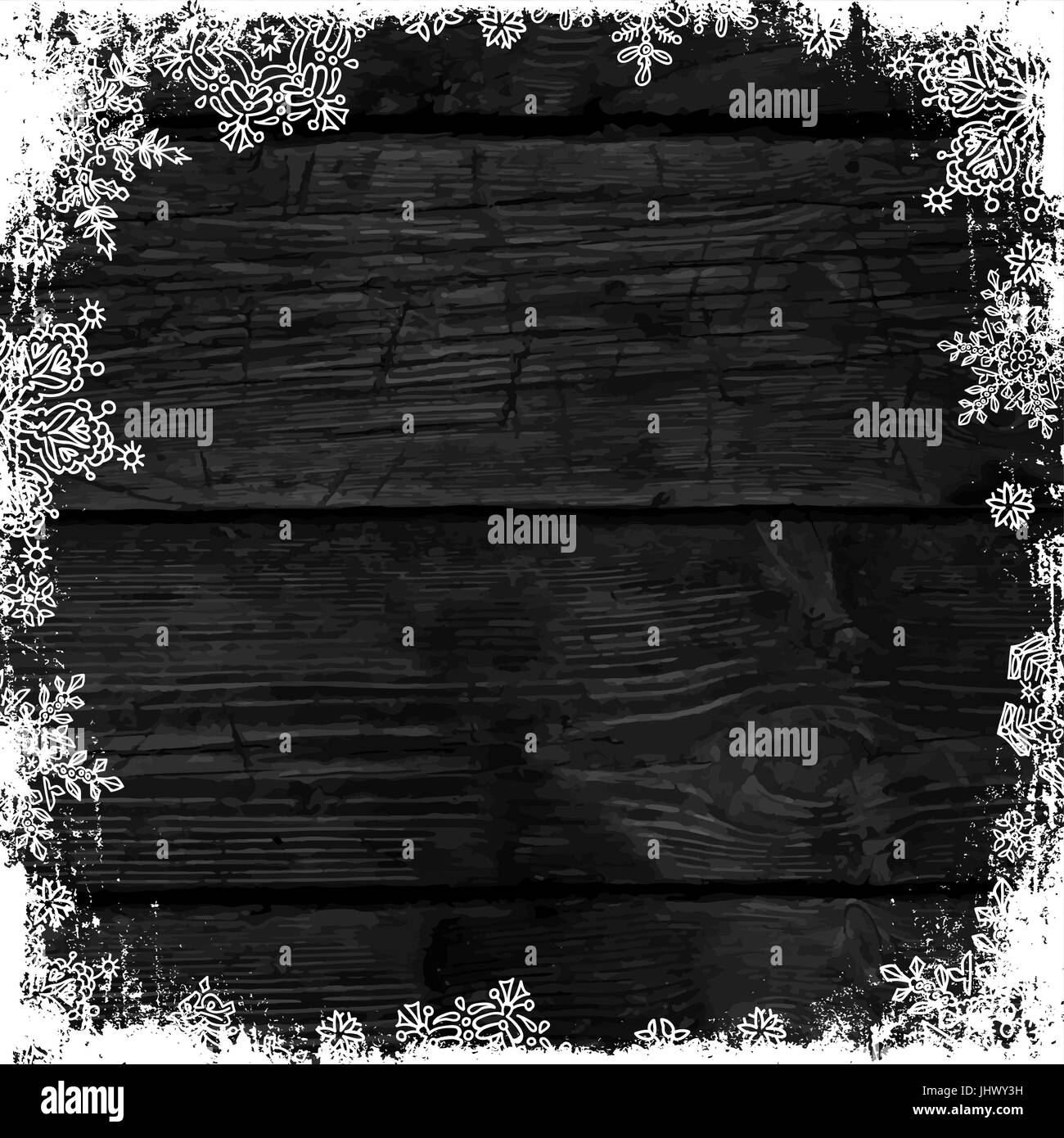 Wooden black christmas background with snowflakes. Frozen ornament on ...