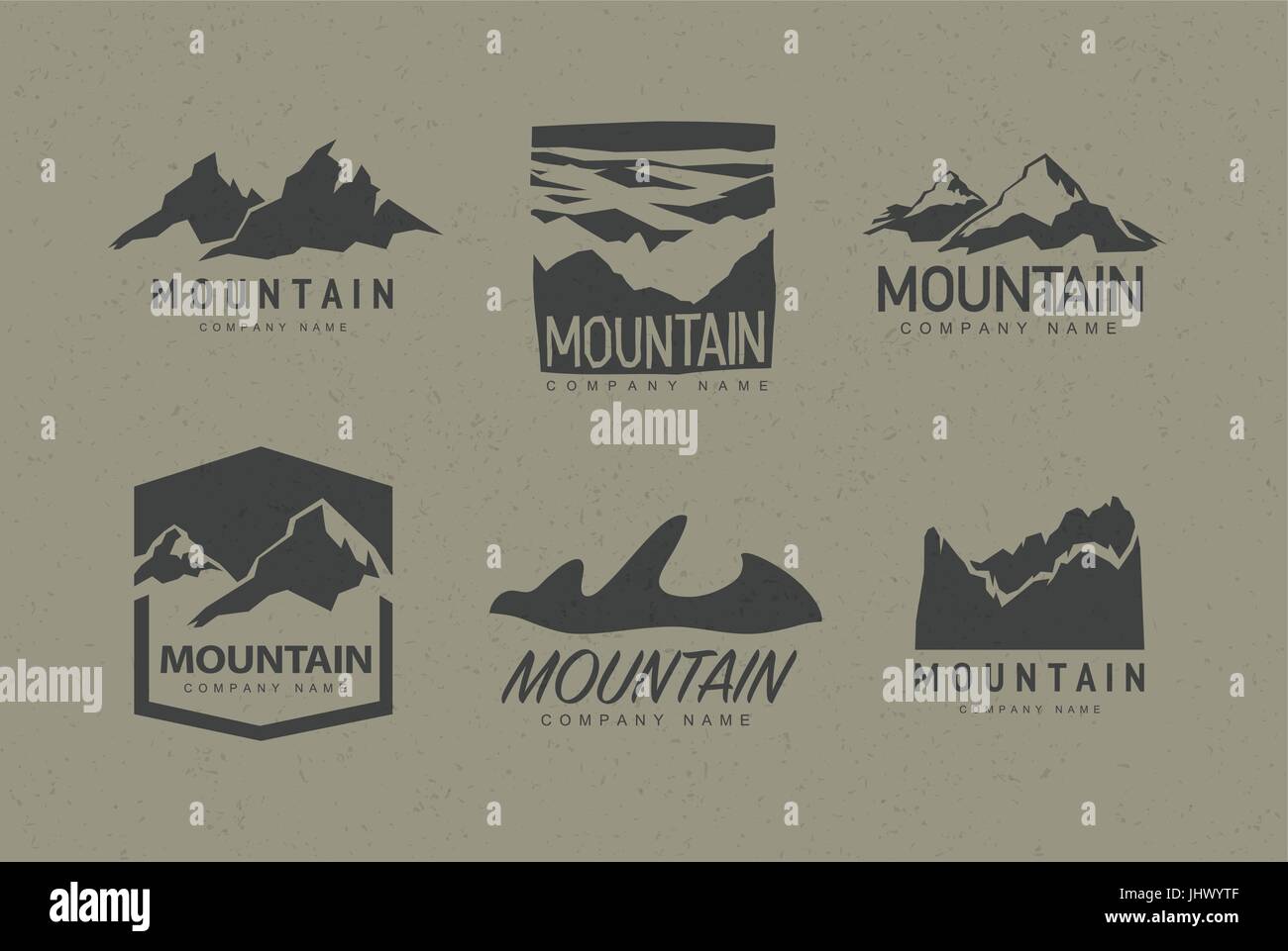 Mountains logo template with abstract peaks background. Vector illustration set. Mountaineering and Traveling icons and symbols. Stock Vector