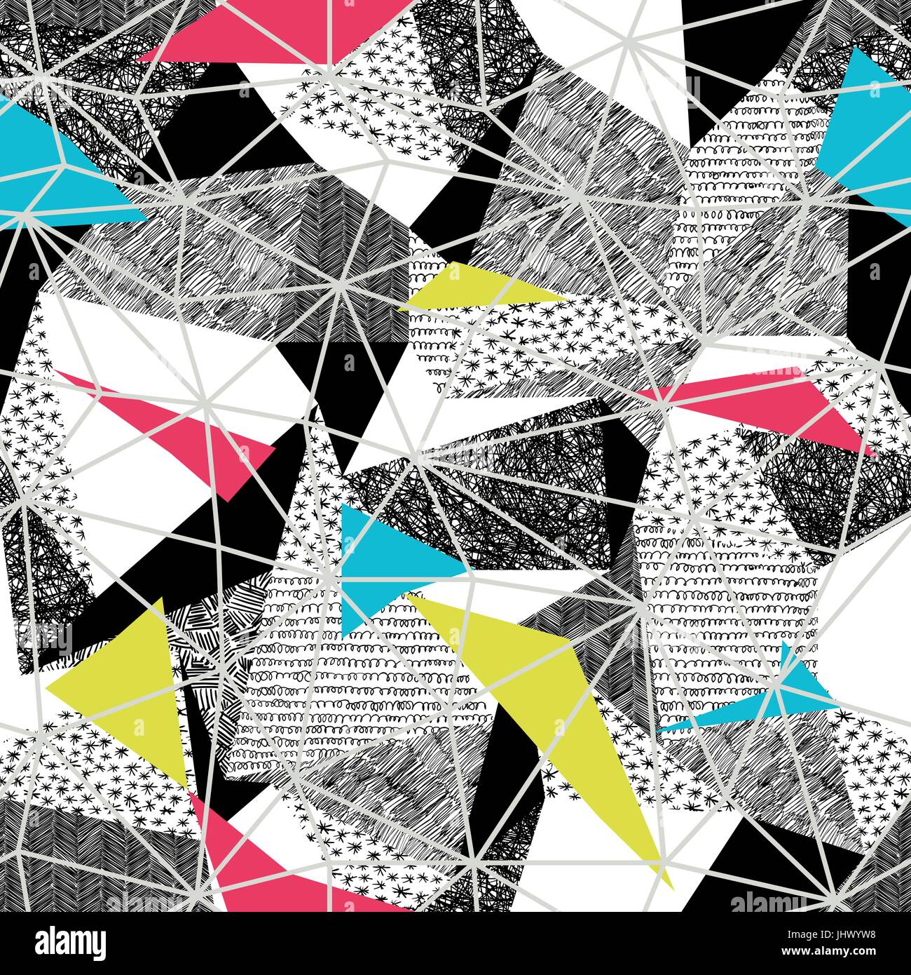 Geometric seamless pattern in retro pop-art style. Vintage background. Triangles and hand drawn patterns. Light Grey Triangular facets. Vector pattern Stock Vector