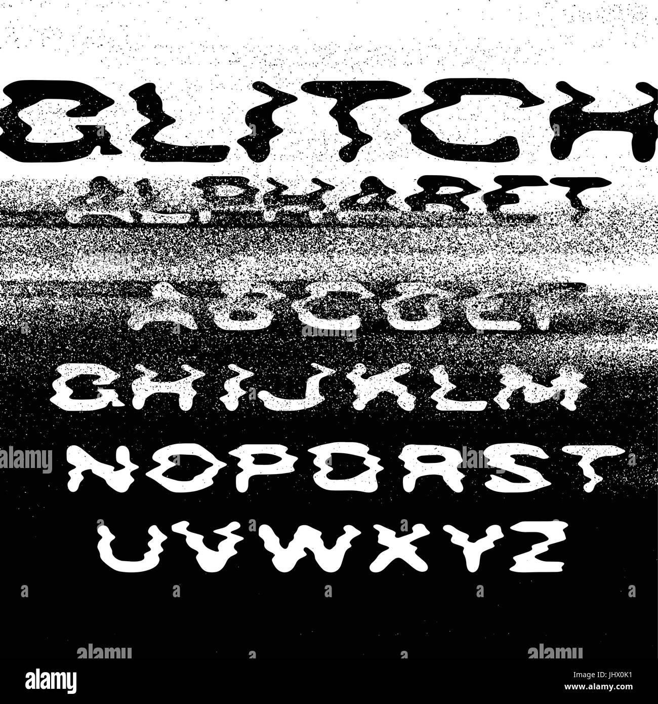 Glitch alphabet. No signal background. Error concept. Isolated to white. Distress Overlay Texture Stock Vector