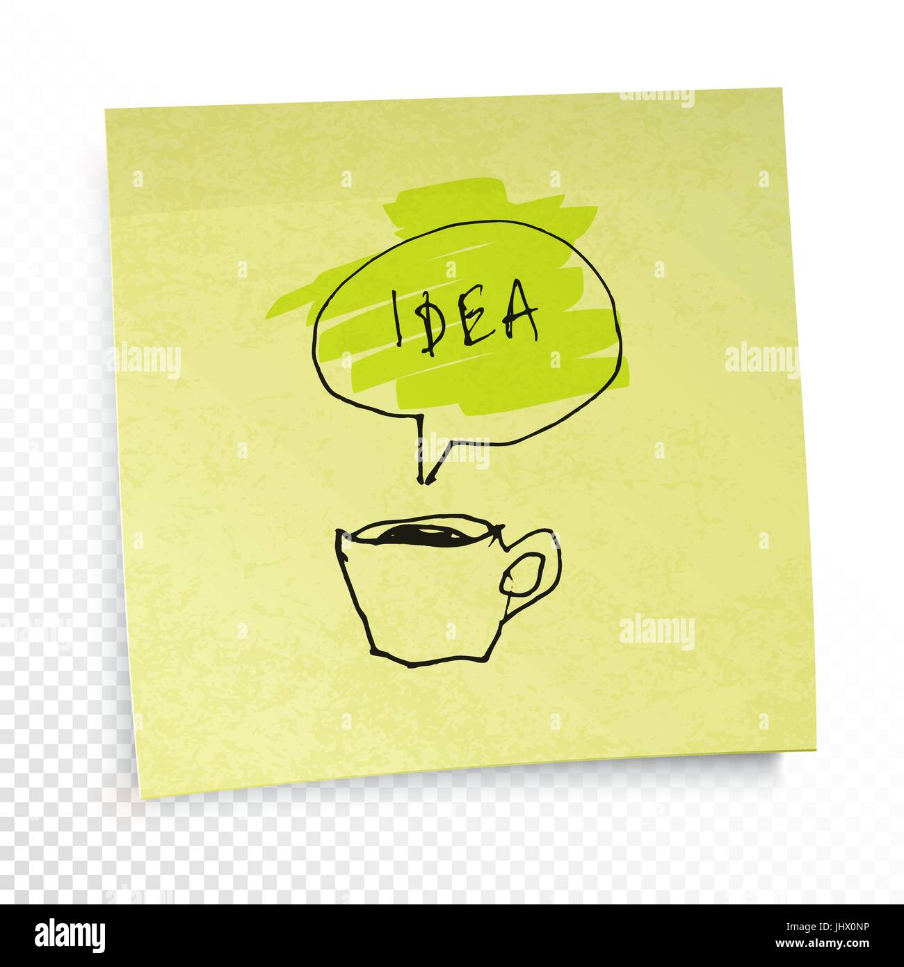 Coffee and 'Idea' word in speech baloon. Illustration on yellow sticky paper note. Creative concept. On transparent background. Stock Vector