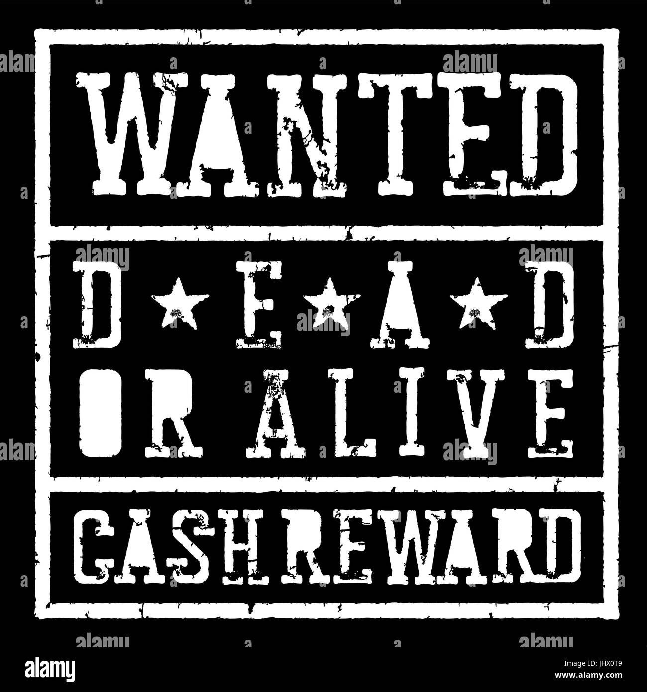 Wanted dead or alive vintage sign. Grunge styled stamp letters. Vector template. Isolated on white Stock Vector