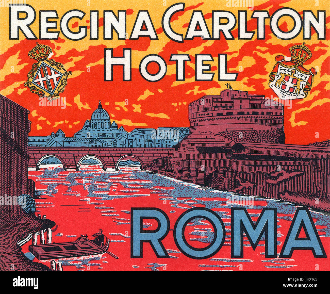 Vintage luggage label for the Regina Carlton Hotel In Rome, Italy. Stock Photo