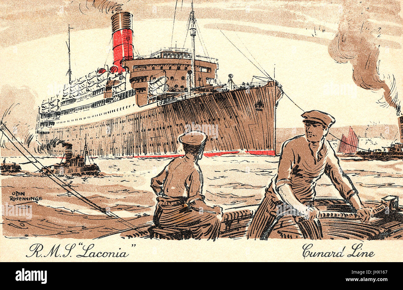 Vintage postcard of the Cunard ship the R.M.S. Laconia, illustrated by Odin Rosenvinge. The RMS Laconia was launched in 1921 and sunk by U-Boat in 1942 in what became known as The Laconia Incident. Stock Photo