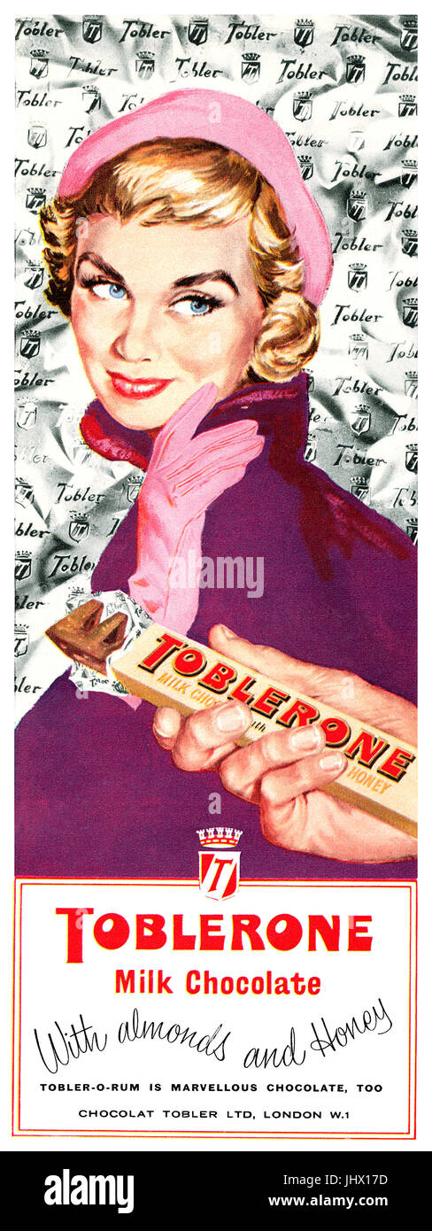 1958 British advertisement for Toblerone. Stock Photo