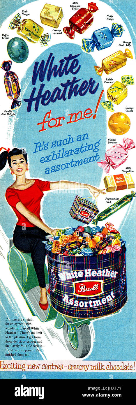 1956 British advertisement for Pascall's White Heather chocolate assortment, illustrated by Aubrey Rix. Stock Photo