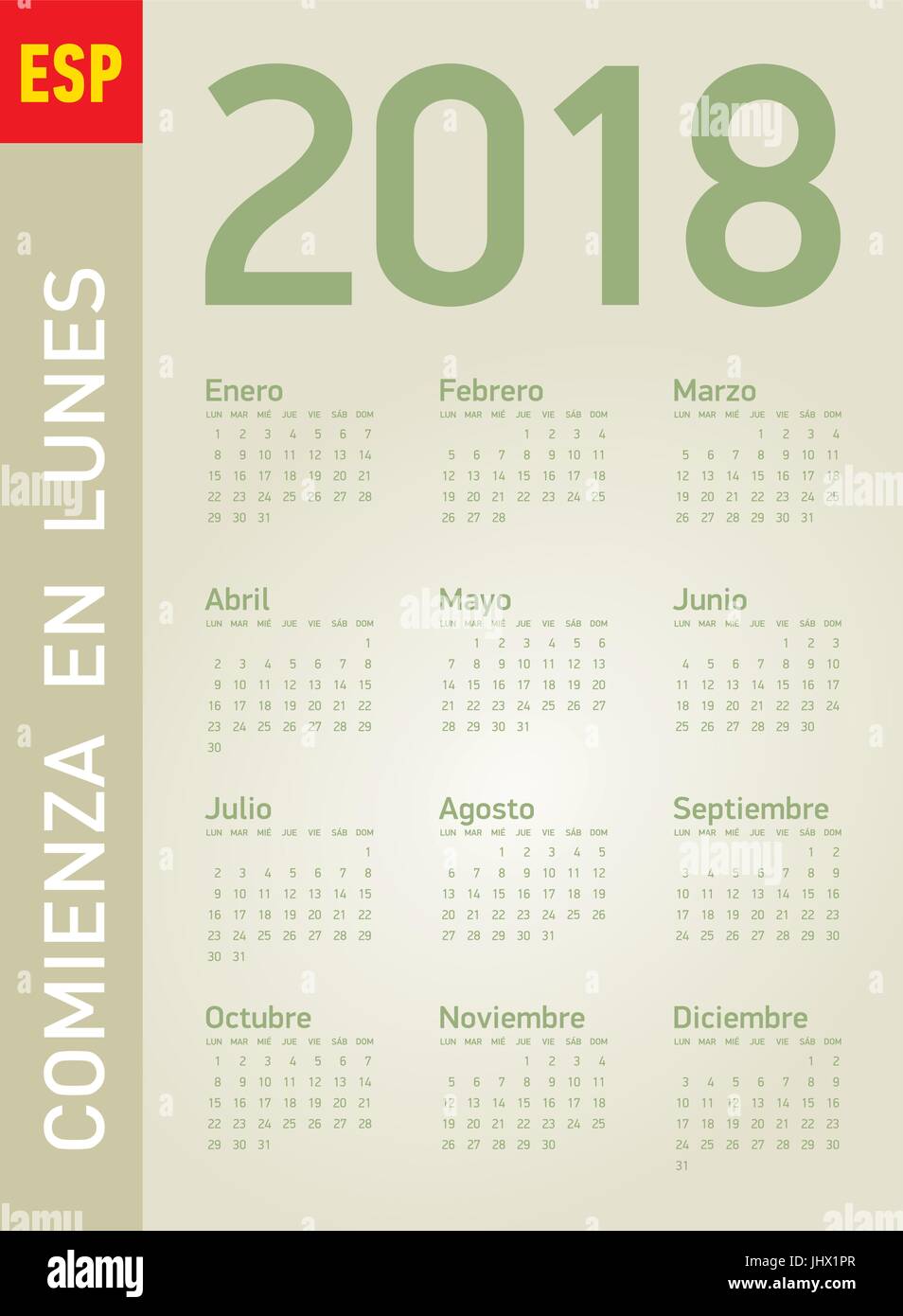 Simple Calendar for year 2018, in vectors. In Spanish. Week starts on Monday. Stock Vector