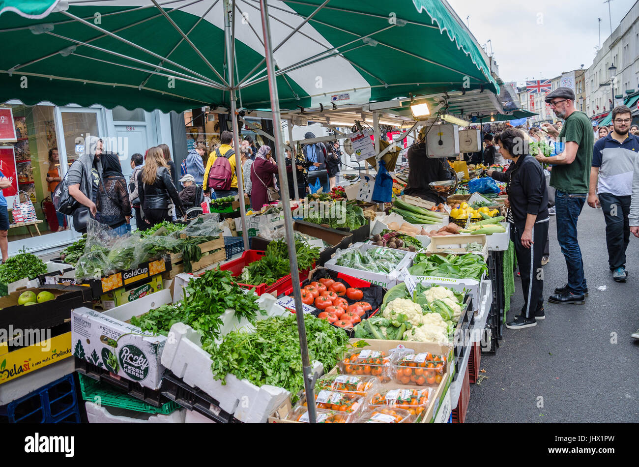 A fruit and veg stall in Portobello Market in Notting Hill, London
