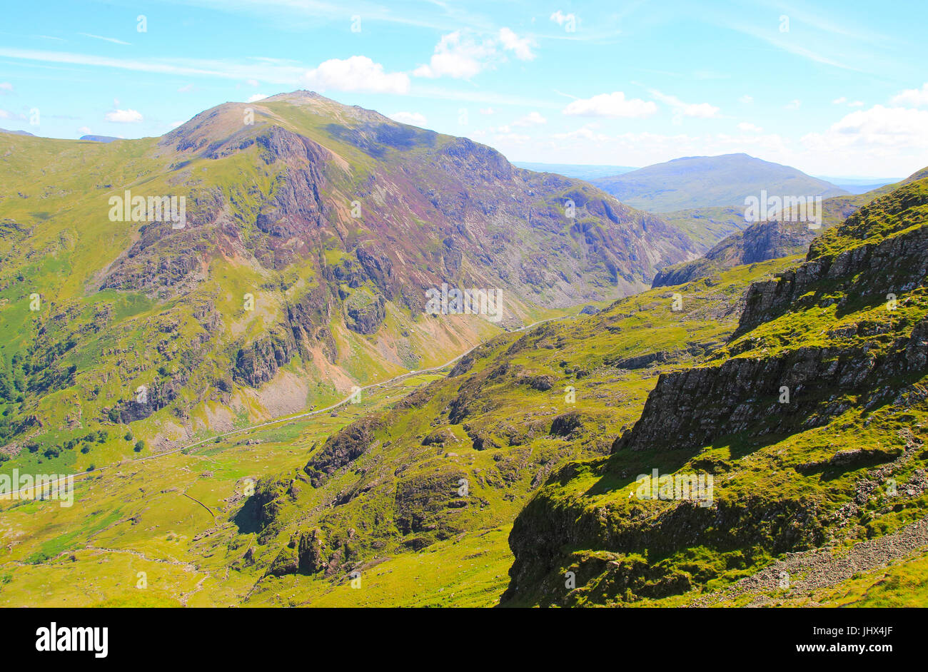 Looking down to Llanberis Pass from Mount Snowdon, Gwynedd, Snowdonia, north Wales, UK Stock Photo