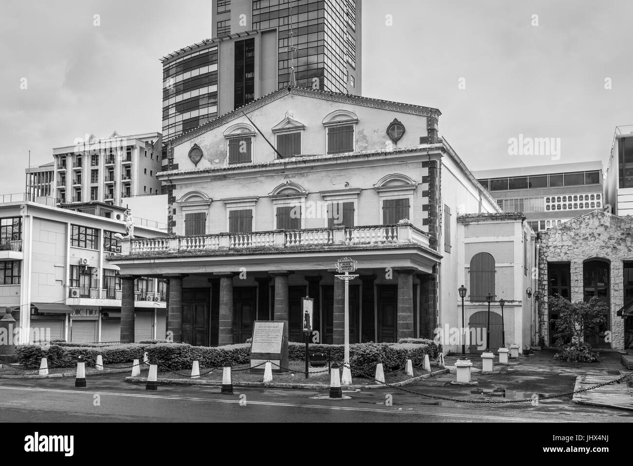 Port Louis, Mauritius - December 25, 2015: Exterior of the old theater building in Port Louis, Mauritius. Black and white photography. Stock Photo