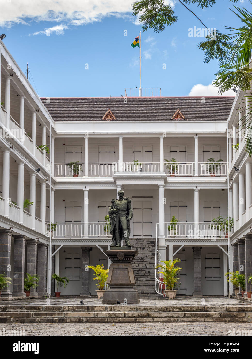 Port Louis, Mauritius - December 25, 2015: Statue of Sir William Stevenson, Governor of Mauritius, Government House in Port Louis, Mauritius. Stock Photo