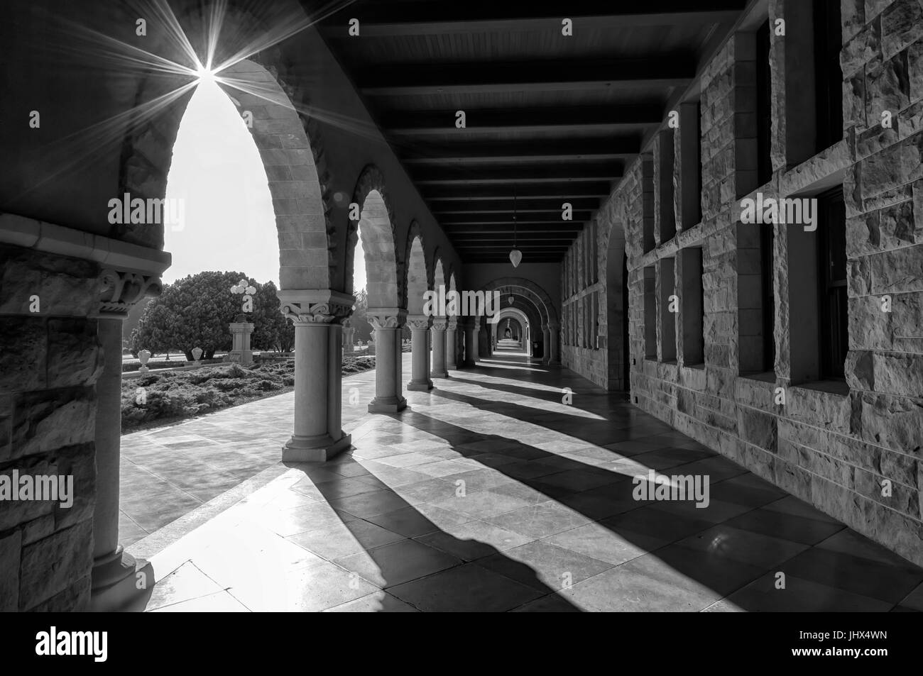 Stanford University campus in Palo Alto, California, in black and white Stock Photo