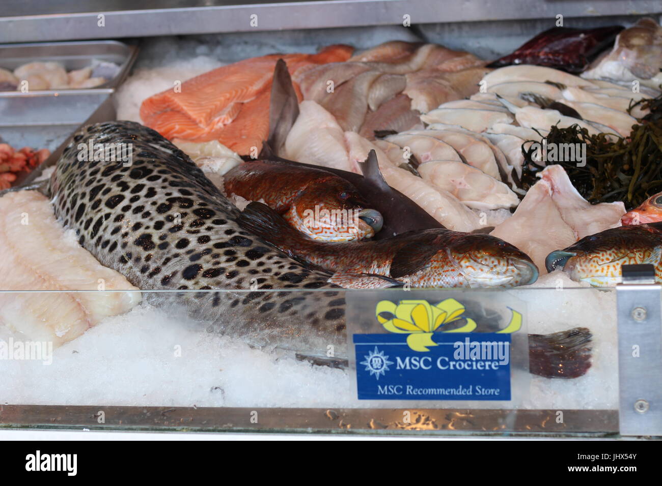 A tempting array of fresh fish on a market stall Stock Photo