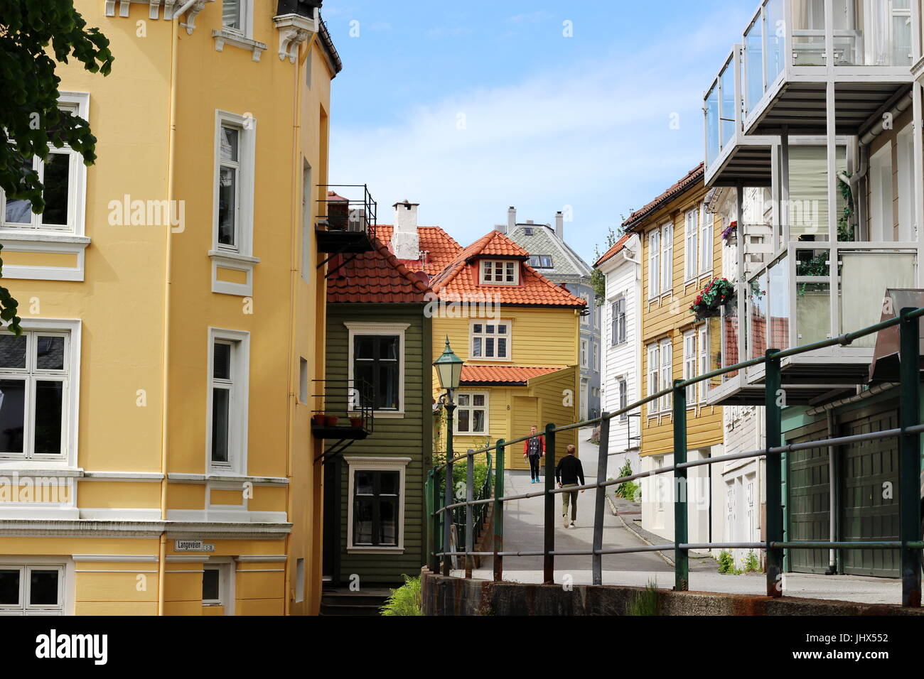 Brightly coloured homes in a residential area of Bergen, Norway Stock