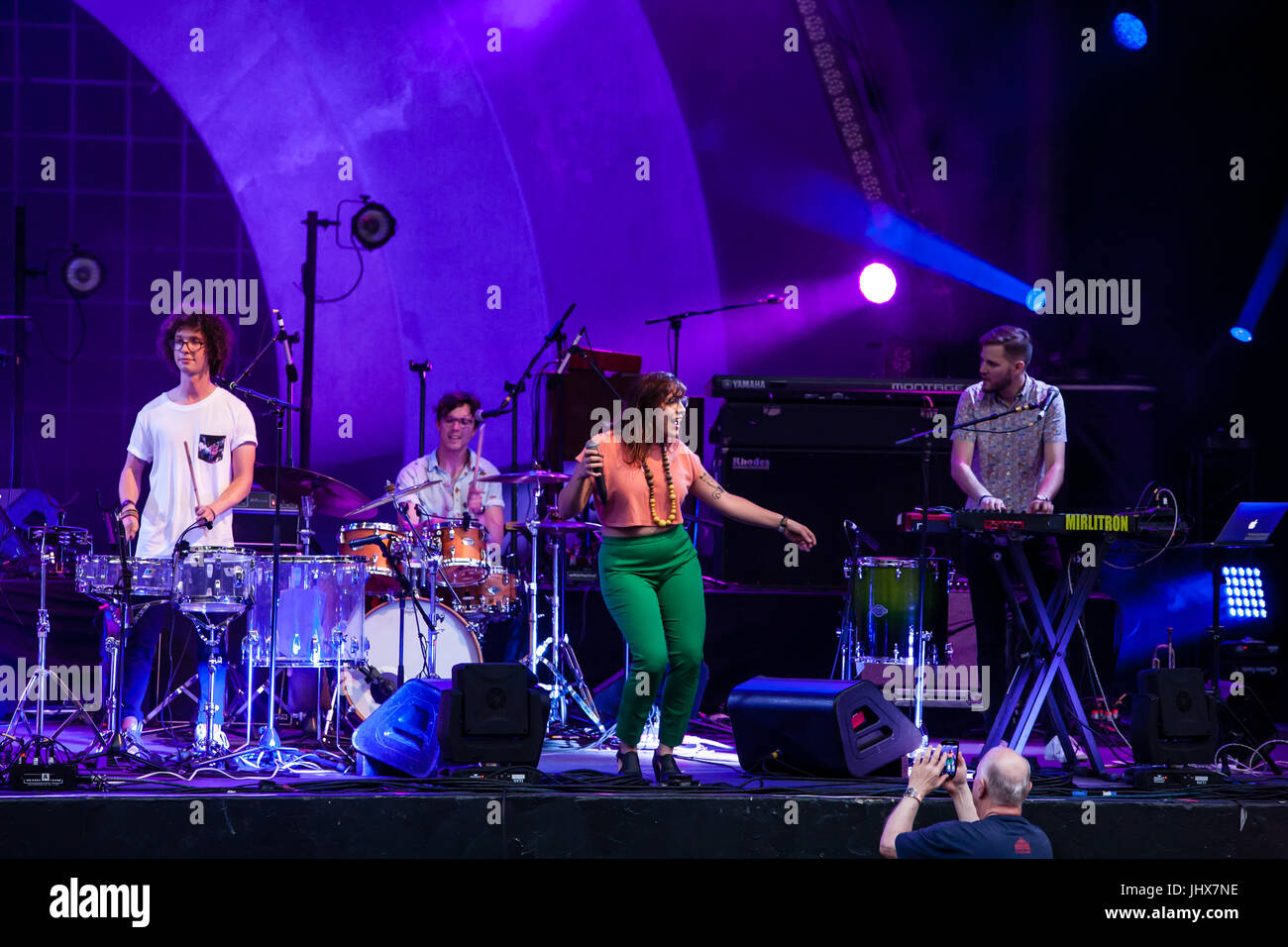 Brooklyn, NY - 15 July 2017. The BRIC Celebrate Brooklyn! Festival summer concert series featured a post-Bastille Day bill of the Louisiana bilingual band Sweet Crude and French songwriter and stylist Ben L'Oncle Soul. Sweet Crude on stage. Stock Photo