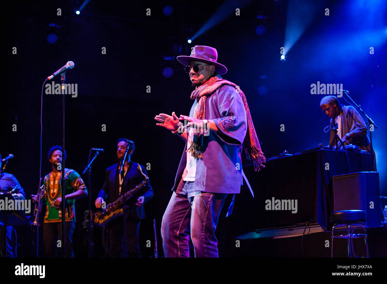 Brooklyn, NY - 15 July 2017. The BRIC Celebrate Brooklyn! Festival summer concert series featured a post-Bastille Day bill of the Louisiana bilingual band Sweet Crude and French songwriter and stylist Ben L'Oncle Soul. Ben L'Oncle Soul on stage. Stock Photo