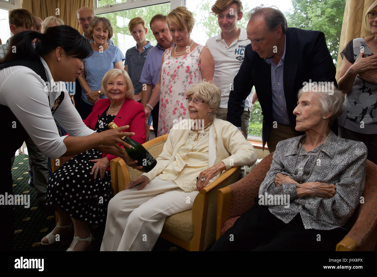 Sundridge Park,UK,16th July 2017,Dolly Hill celebrates her 105th Birthday at Sundridge Park Golf Club she was surrounded by family/friends and was presented with a bottle of champagne form the Golf Club©Keith Larby/Alamy Live News Stock Photo