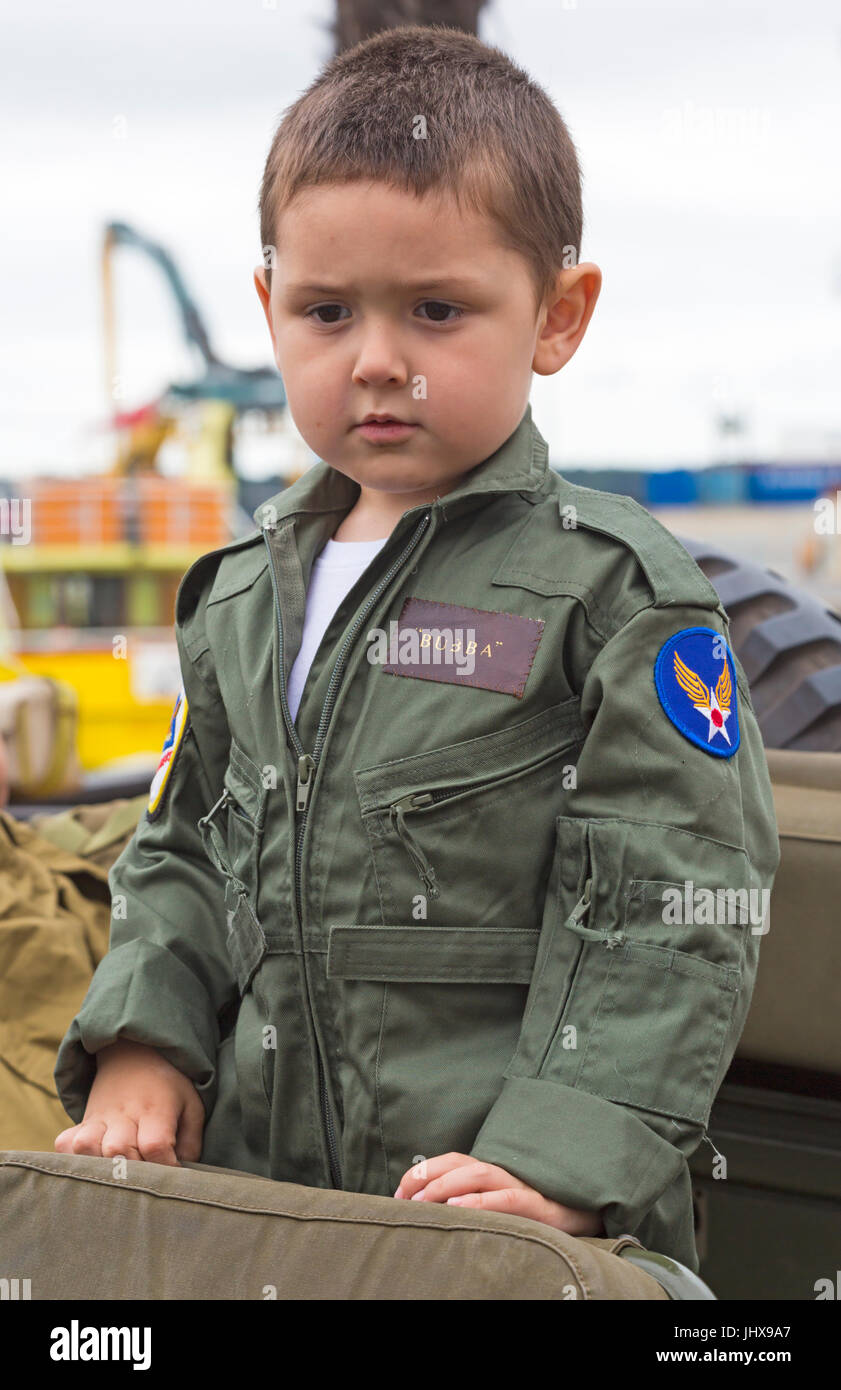 Poole Goes Vintage, Poole, Dorset, UK. 16th July 2017. Poole Goes Vintage Event takes place on the Quay – young boy dressed in military uniform. Credit: Carolyn Jenkins/Alamy Live News Stock Photo