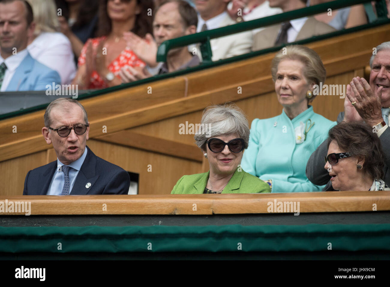 Wimbledon, London, UK. 16th July, 2017. The Wimbledon Tennis Championships 2017 held at The All England Lawn Tennis and Croquet Club, London, England, UK. GENTLEMEN'S SINGLES - FINAL Roger Federer (SUI) [3] v Marin Cilic (CRO) [7] on Centre Court. Prime Minister Theresa May watches the match from the Royal Box with her husband Philip. Credit: Duncan Grove/Alamy Live News Stock Photo