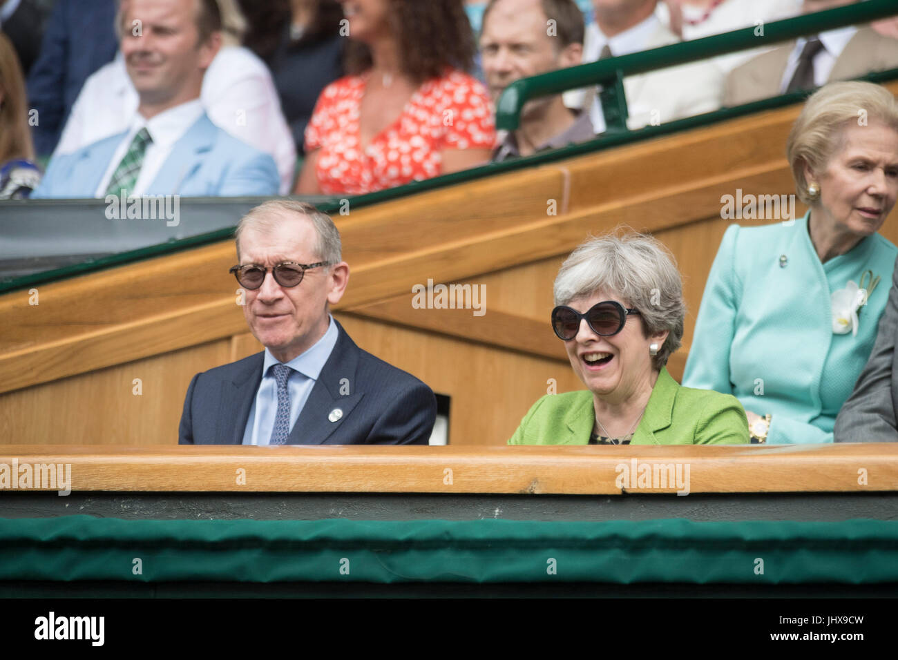 Wimbledon, London, UK. 16th July, 2017. The Wimbledon Tennis Championships 2017 held at The All England Lawn Tennis and Croquet Club, London, England, UK. GENTLEMEN'S SINGLES - FINAL Roger Federer (SUI) [3] v Marin Cilic (CRO) [7] on Centre Court. Prime Minister Theresa May watches the match from the Royal Box with her husband Philip. Credit: Duncan Grove/Alamy Live News Stock Photo