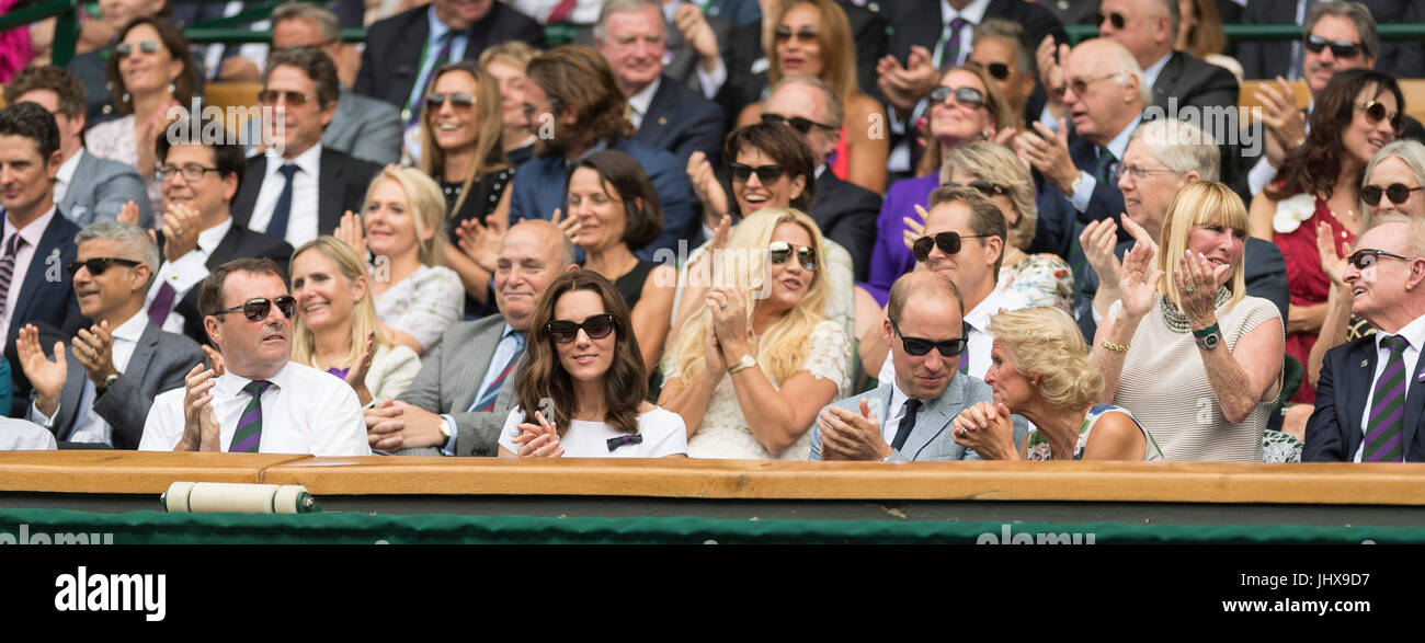 Wimbledon, London, UK. 16th July, 2017. The Wimbledon Tennis Championships 2017 held at The All England Lawn Tennis and Croquet Club, London, England, UK. GENTLEMEN'S SINGLES - FINAL Roger Federer (SUI) [3] v Marin Cilic (CRO) [7] on Centre Court. The Duke and Duchess of Cambridge watch the match from the Royal Box . Credit: Duncan Grove/Alamy Live News Stock Photo