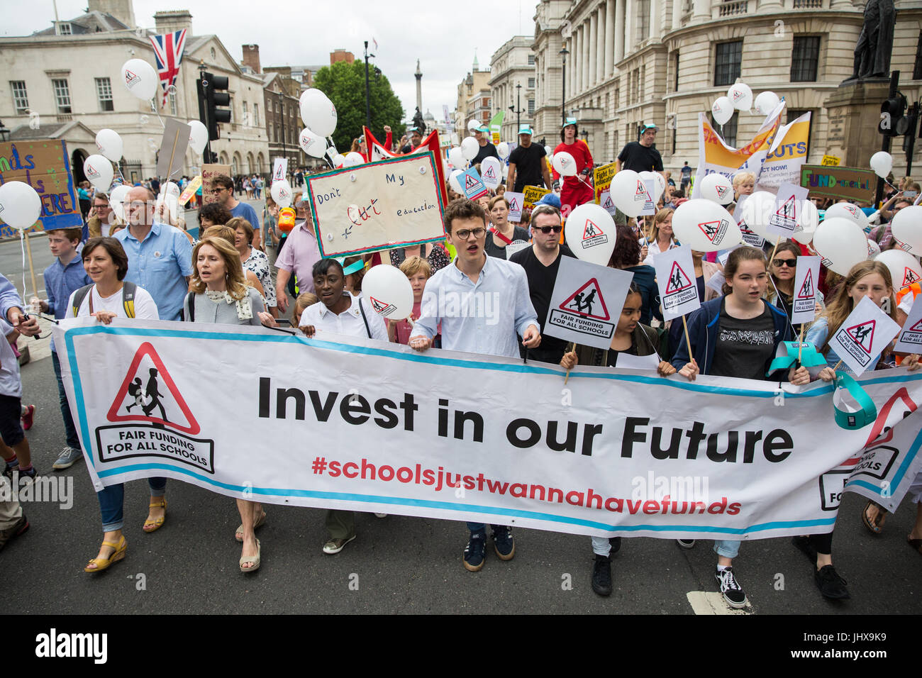 London, UK. 16th July, 2017. Campaigners against cuts to education funding and their families march to Parliament Square as part of a Carnival Against The Cuts protest organised by Fair Funding For All Schools. Credit: Mark Kerrison/Alamy Live News Stock Photo