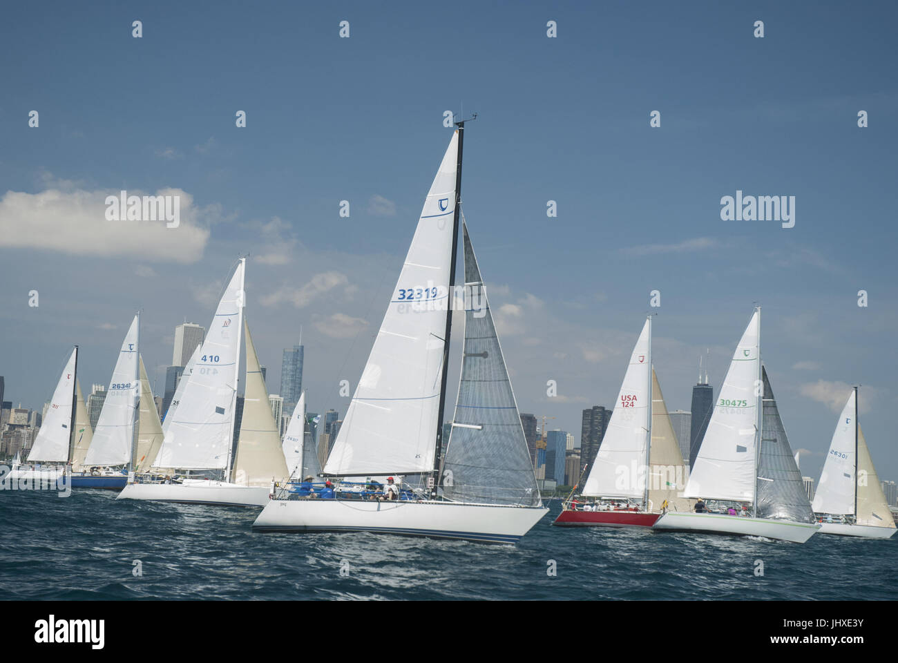 Chicago, IL, USA. 15th July, 2017. The boats are off in the Chicago Race to Mackinac. The ''cruising'' fleet of slower boats started their across-the-lake journey on Friday afternoon, July 14th. On Saturday, 19 fleets of boats began in waves every ten minutes. The largest and fastest boat were in the last two sections - turbo and multihull. The record-holder for time for a monohull occured in 2002 by Roy Disney's Pyewacket at 23 hours 30 minutes. Credit: Karen I. Hirsch/ZUMA Wire/Alamy Live News Stock Photo
