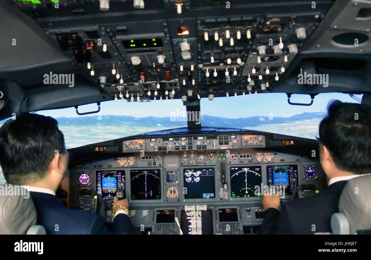 (170717) -- TIANJIN, July 17, 2017 (Xinhua) -- Photo taken on July 17, 2017 shows the interior scene of the flight simulator in Tianjin, north China. An aviation company in Tianjin Monday received China's first top-level full flight simulator. The simulator was delivered by ACCEL (Tianjin) Flight Simulation, a joint Sino-U.S. venture between Haite High-Tech and Rockwell Collins, established last year. (Xinhua/Mao Zhenhua) (mcg) Stock Photo
