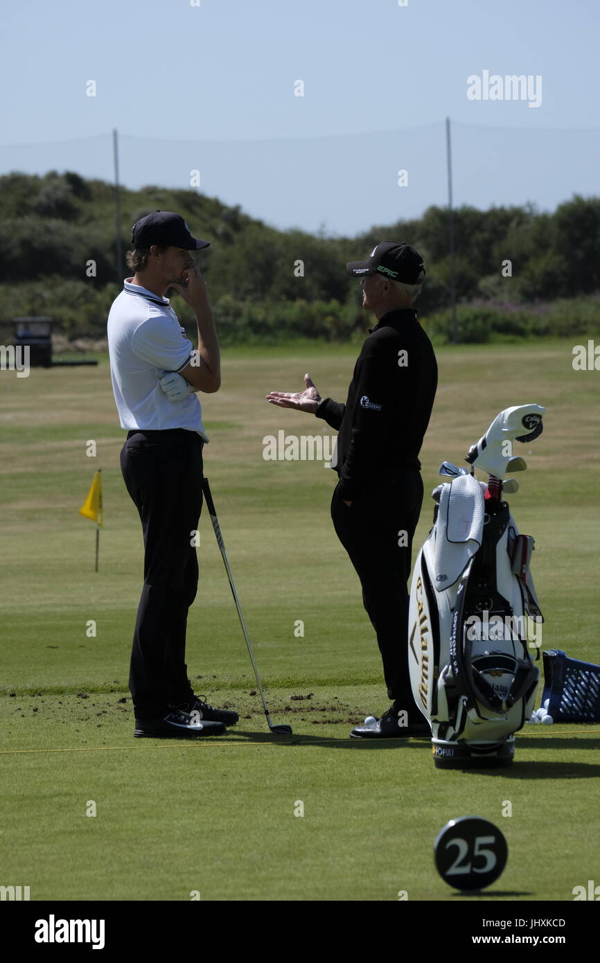 Southport, UK. 17th July, 2017. Thomas Pieters (Belgium) discusses his swing  with his coach Pete Cowan cenes from Monday practice day at the 146th Open  Golf Championship at Royal Birkdale Golf Club
