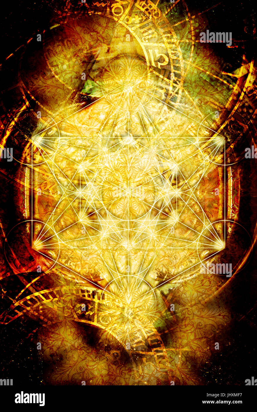 Light merkaba and zodiac and abstract background. Sacred geometry. Stock Photo