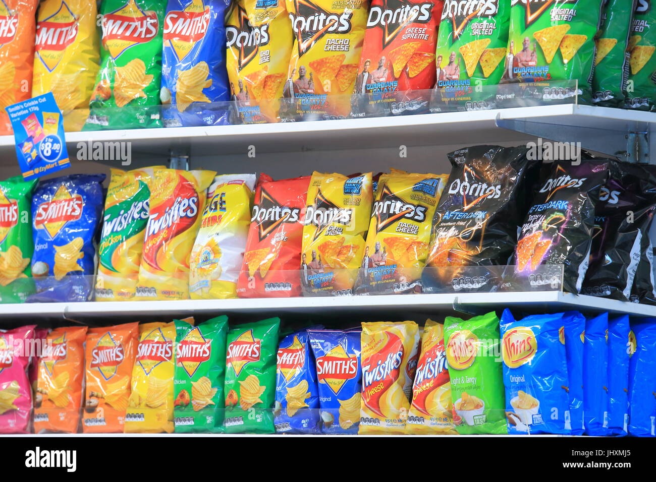 Snacks and crisps sold at a convenience store in Melbourne Australia. Stock Photo