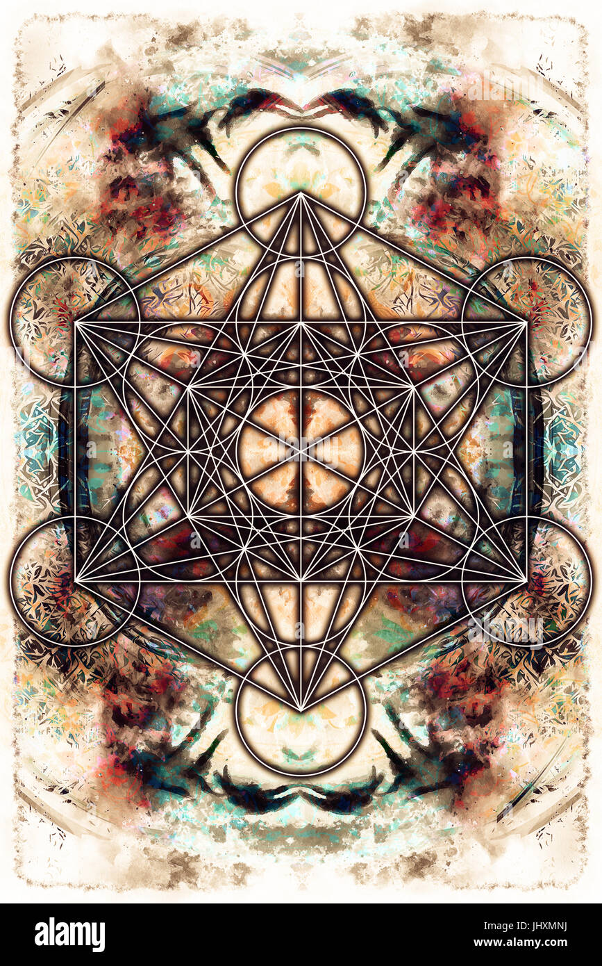 Merkaba on abstract color background. Sacred geometry. Stock Photo