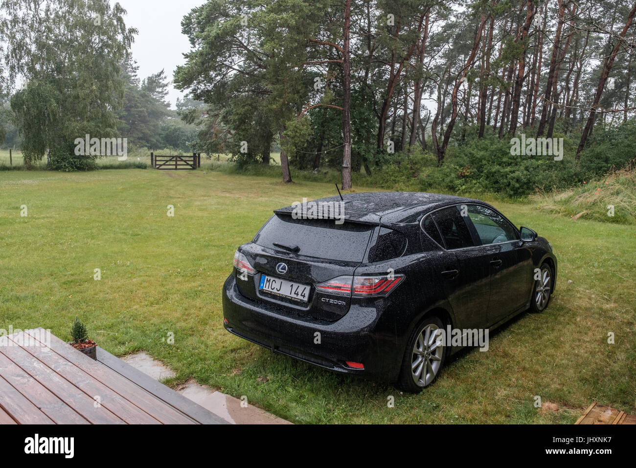 Rainy summer day in the countryside of Swedish Baltic sea island Öland. Öland is a popular tourist destination in Sweden during summertime. Stock Photo