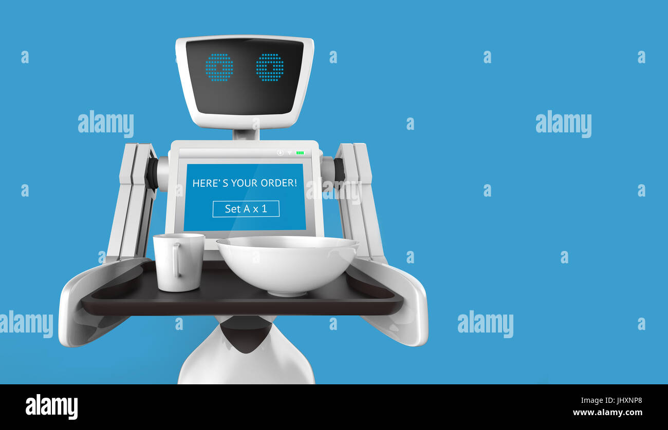 Robotics Trends technology business concept. Autonomous personal assistant personal robot for serve foods in restaurant with blue background. 3D rende Stock Photo