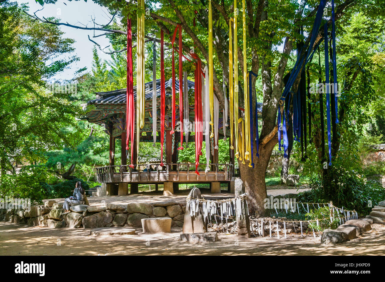 South Korea, Gyeonggi, pavilion and wishing tree at Yogin, Korean Folk village (Monsok village) Stock Photo